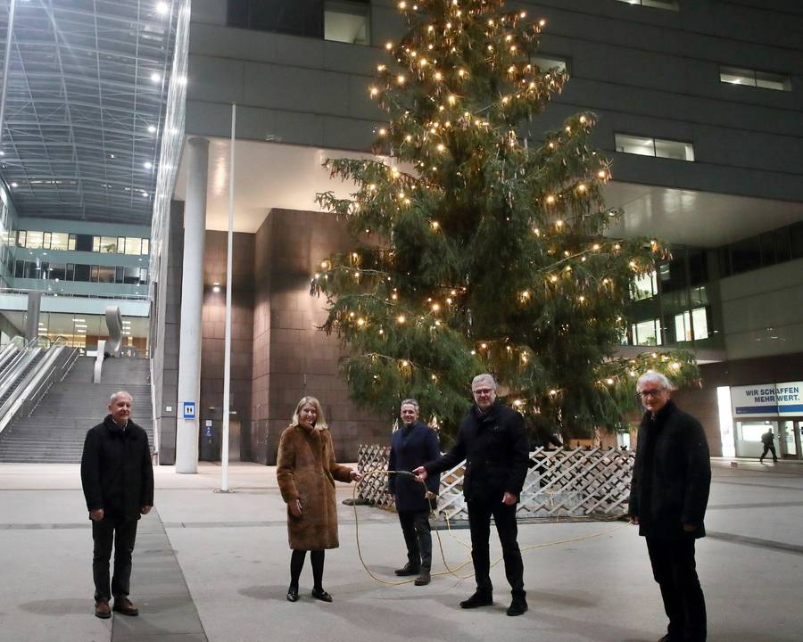 Weihnachtliche Fichte vor dem LDZ. Im Bild: Direktor DI Dr. Günther Knötig, LH-Stv. Mag. Christine Haberlander, DI Horst Felbermayr, LPA-Obmann Dr. Peter Csar, Abteilungsleiter DI Christian Dick